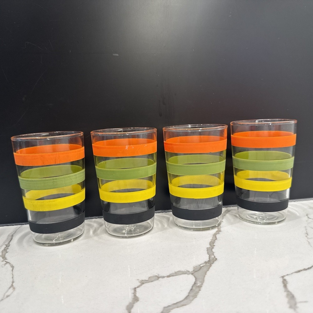 4 Vintage Anchor Hocking Stripped Rainbow Fiesta 4" Tall Juice Glass